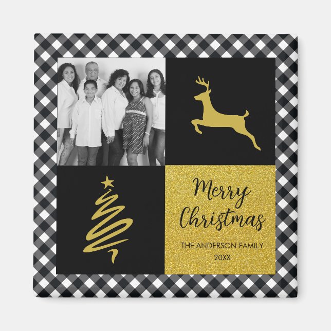 Kariertes Gold Holiday Foto in Black and White Buf Magnet (Vorne)