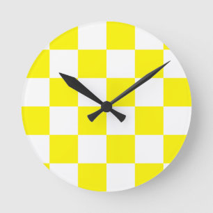 Kariertes großes - Weiß und Zitrone Runde Wanduhr