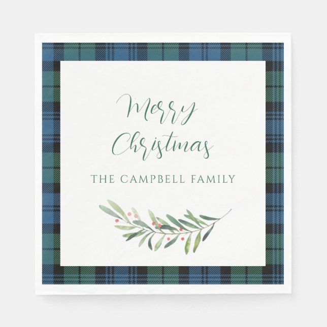 Kariertes grünes blaues Weihnachtsbuch Tartan Serviette (Vorderseite)