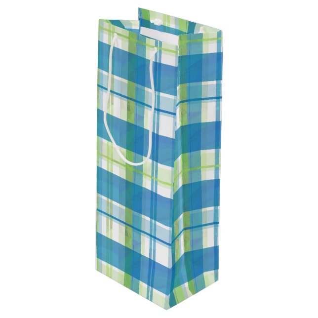 Kariertes Grünes und Blau Madras Geschenktüte Für Weinflaschen (Vorderseite Schrägansicht)