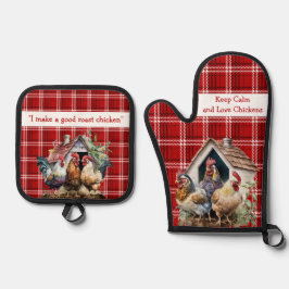 Kariertes Huhn-Zitat aus Rot und Schwarz Ofenhandschuh & Topflappen-Set