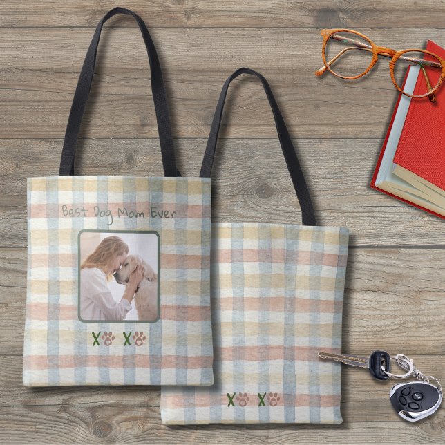 Kariertes Hunde-Foto Gelb und Orange Beste Mama Ta Tasche (Mother's Day is special for dog mom's too. Personalize the tote with your own picture and words!)