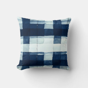 Kariertes Kissen mit Navy Blue und White Watercolo