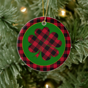 Kariertes Kleeblatt mit rotem Büffel, Lucky Clover Keramik Ornament