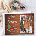 Kariertes Kunsthandwerk Kalligrafie Weihnachtsbaum Feiertagskarte<br><div class="desc">Modern Fun Calligraphy Script Wasserfarbe Vintager Red Truck mit Weihnachtsbaum Frohe Weihnachtsfamilie Foto Holiday Card - Rustikales Land Holz,  Red Buffalo Kariert Handwerk Tape</div>