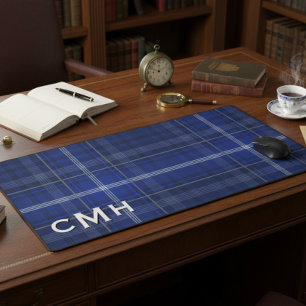 Kariertes Monogramm aus blauem und schwarzem Tarta Schreibtischunterlage