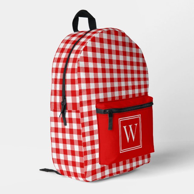 Kariertes Monogramm aus Gingham-Karo, Rot und Weiß Bedruckter Rucksack (Rückseitige Ecke links)