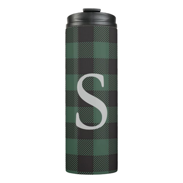 Kariertes Monogramm aus grünem Büffel Thermosbecher (Vorderseite)