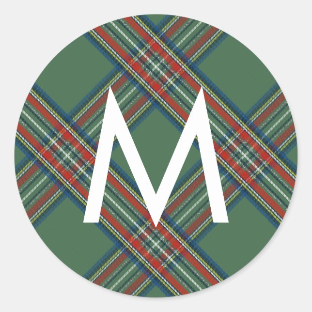 Kariertes Monogramm aus grünem Tartan Runder Aufkleber (Vorderseite)