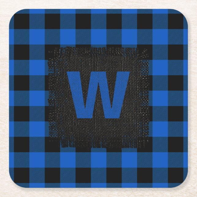 Kariertes Monogramm aus Rustikal Blau und Schwarz  Rechteckiger Pappuntersetzer (Vorderseite)