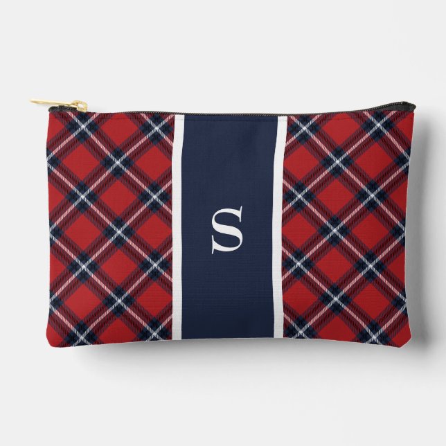 Kariertes Monogramm des Navy Red Tartan Zubehörtasche (Vorderseite)
