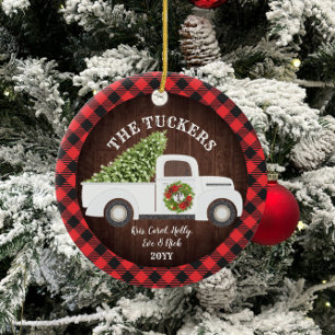 Kariertes Monogramm Foto Vintage Weiß Lastwagen Keramik Ornament
