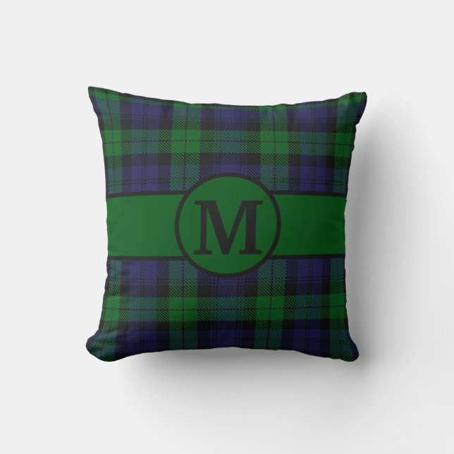 Kariertes Monogramm für Schwarze Uhr Tartan Kissen (Vorderseite)