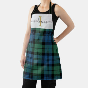 Kariertes Monogramm Grün Name Rustikales Tartan Schürze