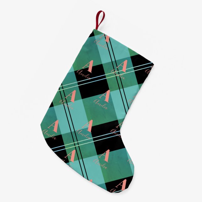 Kariertes Monogramm Rosa Kleiner Weihnachtsstrumpf (Vorderansicht (hängend))