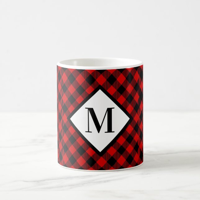 Kariertes Monogramm, rot und schwarz Kaffeetasse (Mittel)