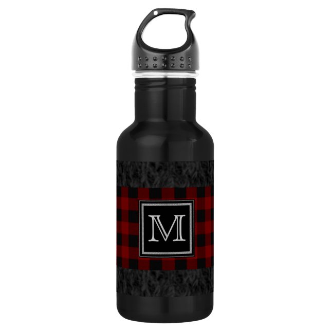 Kariertes Monogramm, rot und schwarz Trinkflasche (Vorderseite)