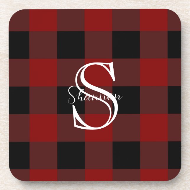 Kariertes Monogramm rotes und schwarzes Büffel Getränkeuntersetzer (Vorderseite)