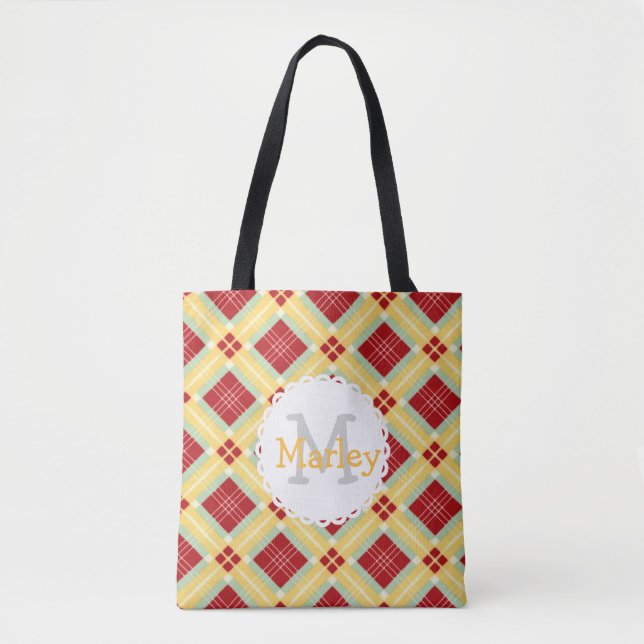 Kariertes Monogramm Totbeutel Tasche (Vorderseite)