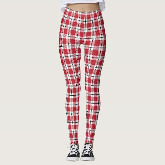 Kariertes Muster aus rotem Weiß und Schwarz Leggings (Vorderseite)