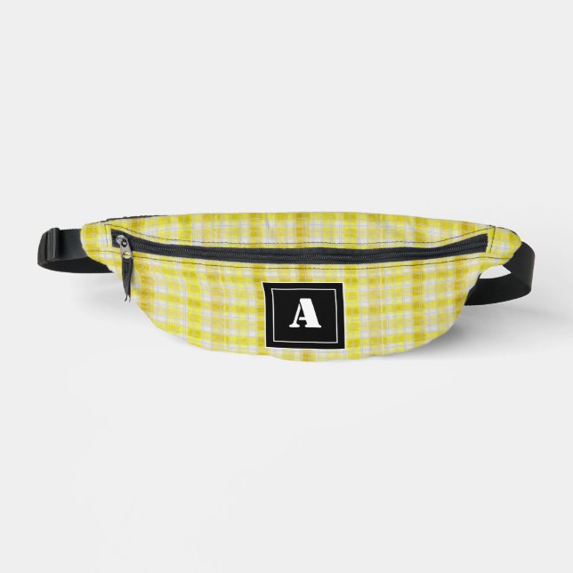 Kariertes Muster Gingham Karo Yellow White Monogra Bauchtasche (Vorderseite)
