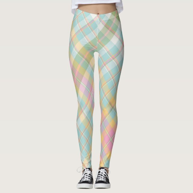 Kariertes Muster in Blau, Grün, Rosa und Golden Leggings (Vorderseite)