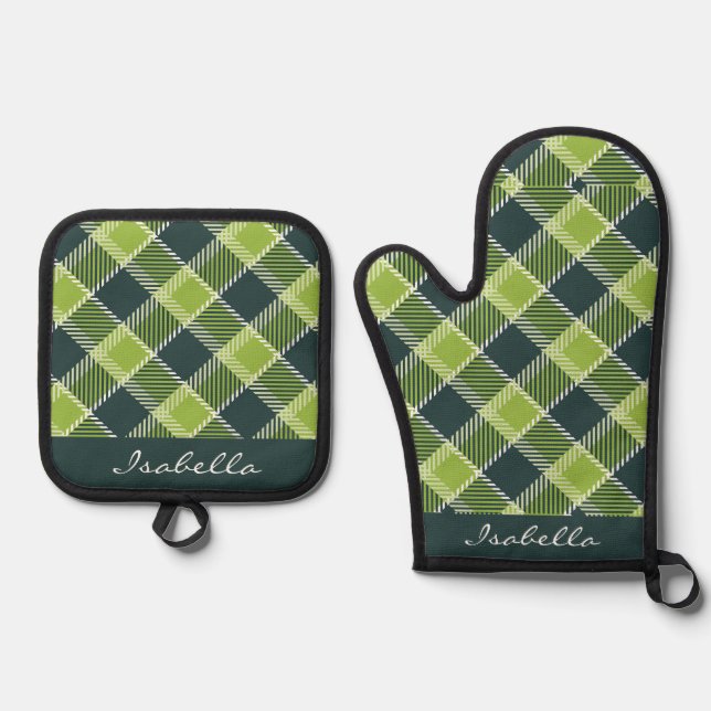 Kariertes Muster in  Olive Green Black Ofenhandschuh & Topflappen-Set (Vorderseite)