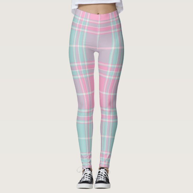 Kariertes Muster in Rosa und Blau Leggings (Vorderseite)