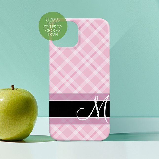 Kariertes Muster mit Monogramm - Schwarz-Rosa Case-Mate iPhone Hülle (Personalized Phone Case with Custom Monogram)