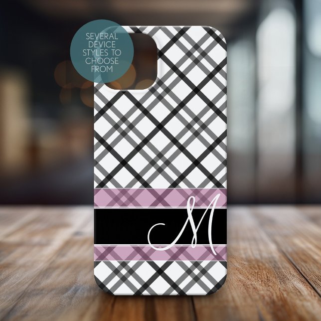 Kariertes Muster mit Monogramm - Schwarz-weiß rosa Case-Mate iPhone Hülle (Personalized Phone Case with Huge Monogram)