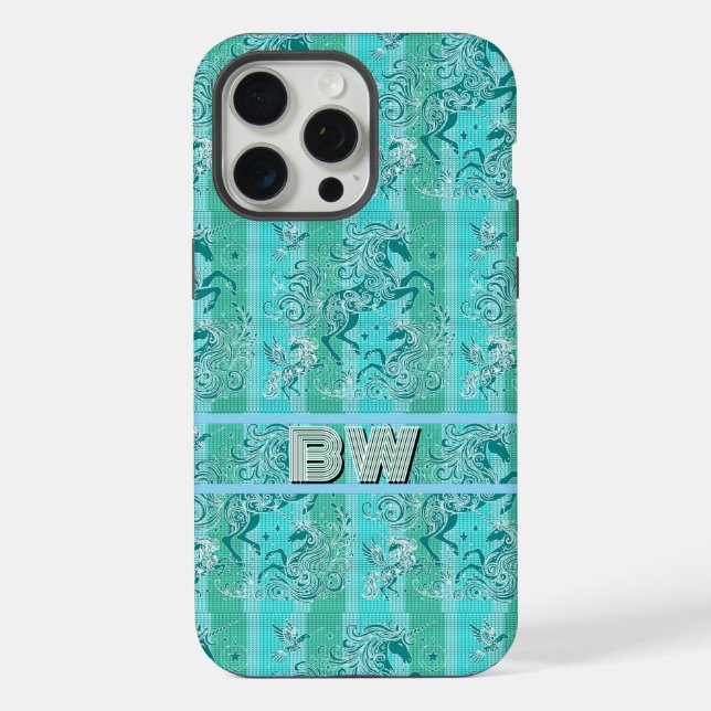 Kariertes Muster Personalisiertes Monogramm, grün  iPhone 15 Pro Max Hülle (Rückseite)