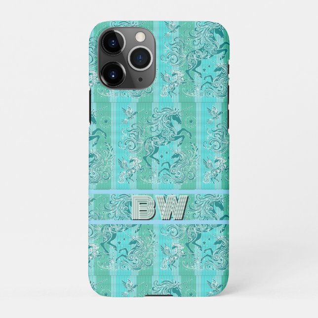 Kariertes Muster Personalisiertes Monogramm, grün  iPhone Hülle (Rückseite)