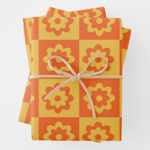 Kariertes Orange und Gelb Retro-Blumenmuster Geschenkpapier Set
