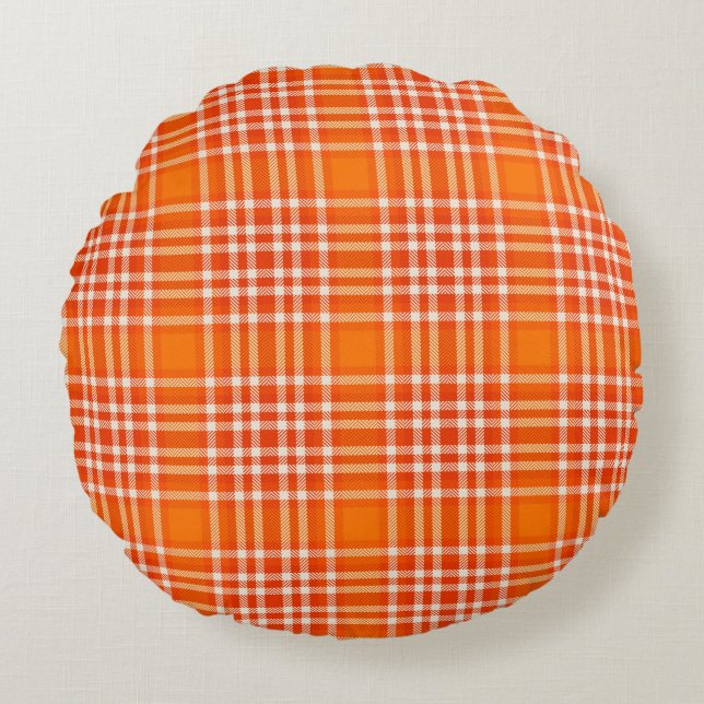 Kariertes Orangenknochen Rundes Kissen (Vorderseite)