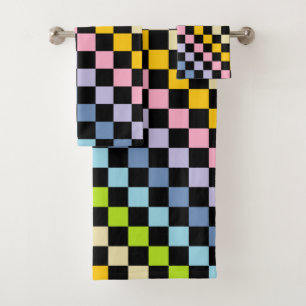 Kariertes Pastellregenbogen-Schwarzes Badhandtuch Set