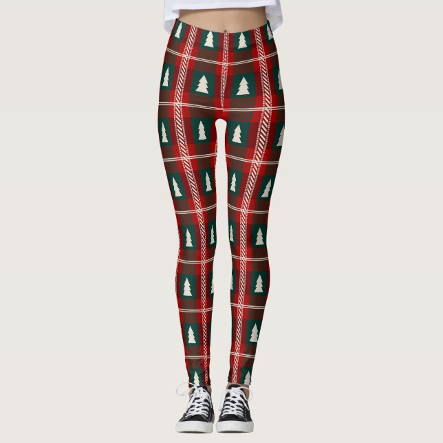 Kariertes Patchwork-Weihnachtsbaum-Muster Leggings (Vorderseite)