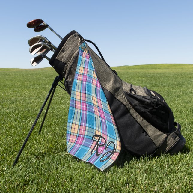 Kariertes Personalisiert Blau, Lila, Türkis, Gelb Golfhandtuch (Gras)