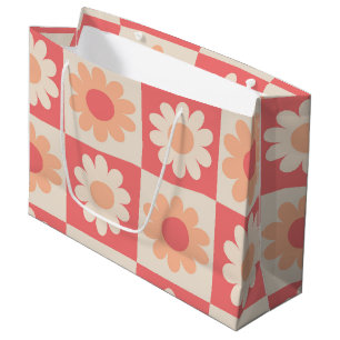 Kariertes Retro-Blumenmuster in Pfirsichflaum Große Geschenktüte