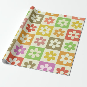 Kariertes Retro-farbenfrohes Blumenmuster  Geschenkpapier