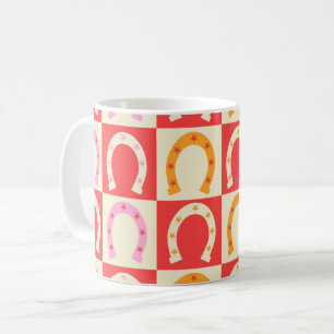 Kariertes Retro-Hufeisen in Orange, Rot und Pink  Kaffeetasse