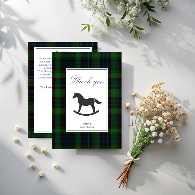 Kariertes Rockpferd mit klassischer Babydusche Dankeskarte (Emerald Green plaid rocking horse classic polo baby shower thank you cards)