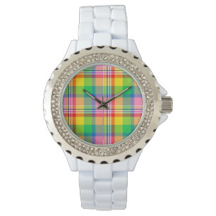 Kariertes rosa Gelbtartan-Design Armbanduhr