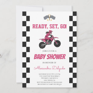 Kariertes Rosa Mädchen Dirt Bike Baby Shower Einladung