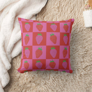 Kariertes Rosa und Rotes Erdbeeren Muster Kissen