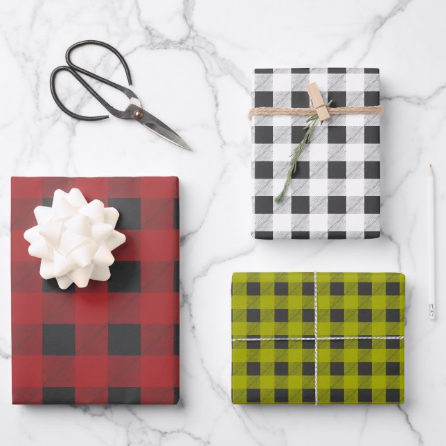 Kariertes Rot-, Grün- und Weißbüffel Geschenkpapier Set (Vorderseite)