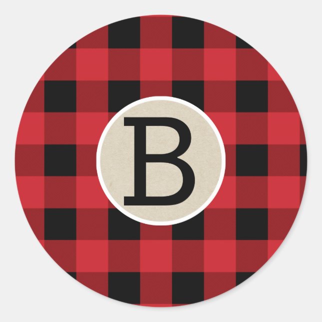 Kariertes rotes Buffalo-Schachbrett Kraft-Monogram Runder Aufkleber (Vorderseite)