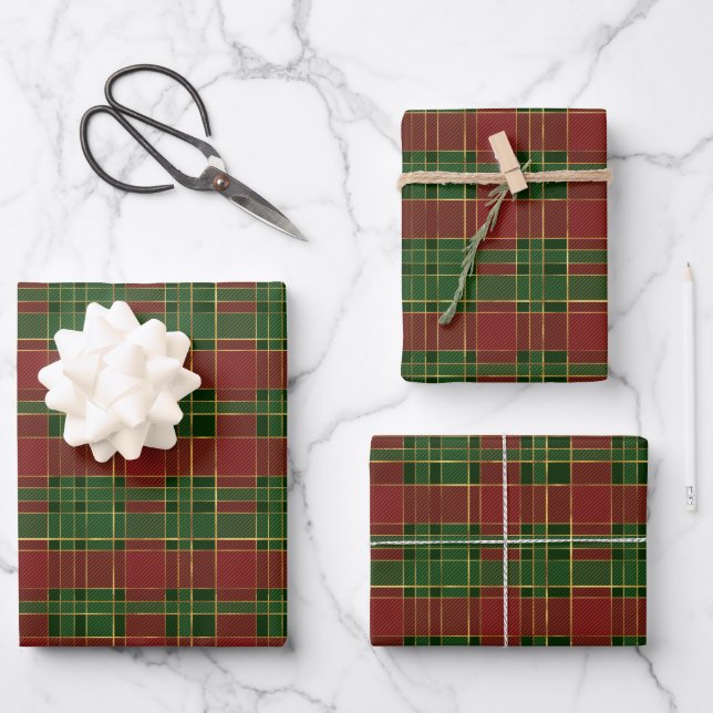 Kariertes Rotes Gold Geschenkpapier Set (Vorderseite)