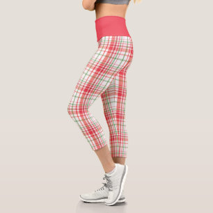 Kariertes rotes Muster auf Weiß Capri Leggings