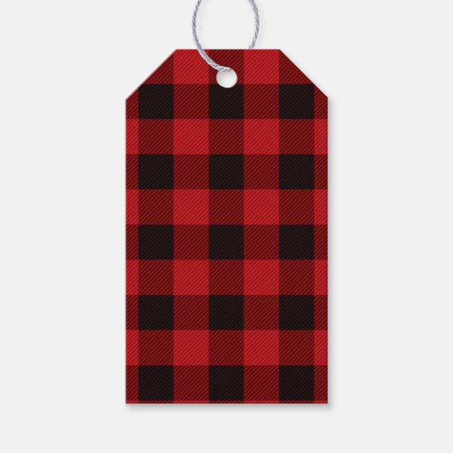 Kariertes rustikales rotes Schwarz Geschenkanhänger (Vorderseite)