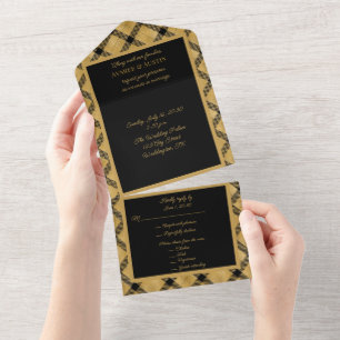 Kariertes Schwarz-Gold-Elegant All In One Einladung